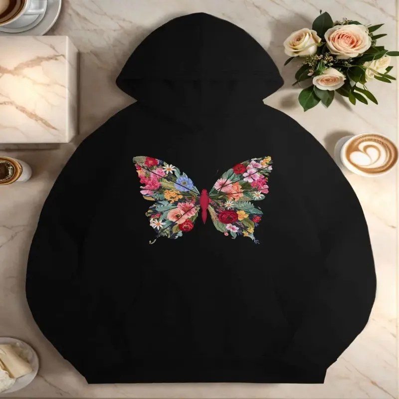

Winter Fall Sweatshirt Clothes Female Women Plus Size Floral Butterfly Print Long Sleeve Soft Pure Cotton Fabric Fashionable Y2k