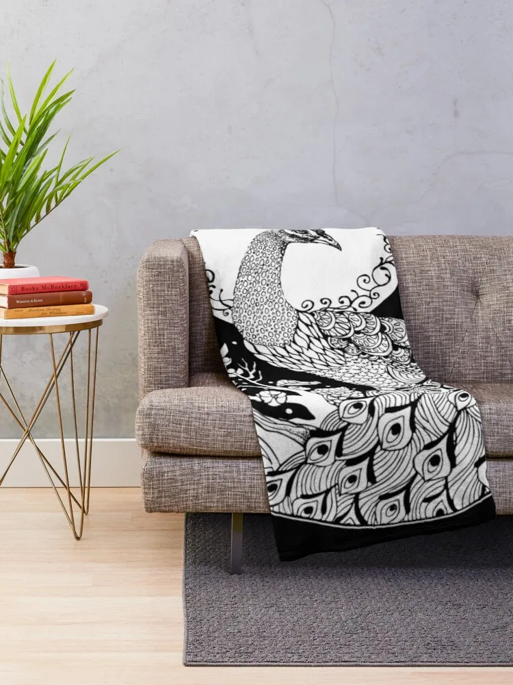 Flowering Camellia and Peacock Black and White Throw Blanket Summer Beddings Quilt christmas decoration Blankets