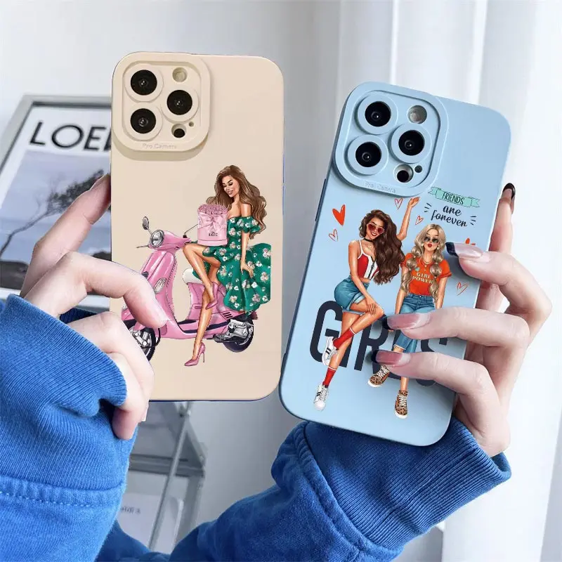 Cute Cartoon Hand Drawn Beautiful Girl Phone Case for iphone 14 Plus Pro Max 13 11 12 Pro Max X XR XS 7 8 Plus SE2020 Soft Cover