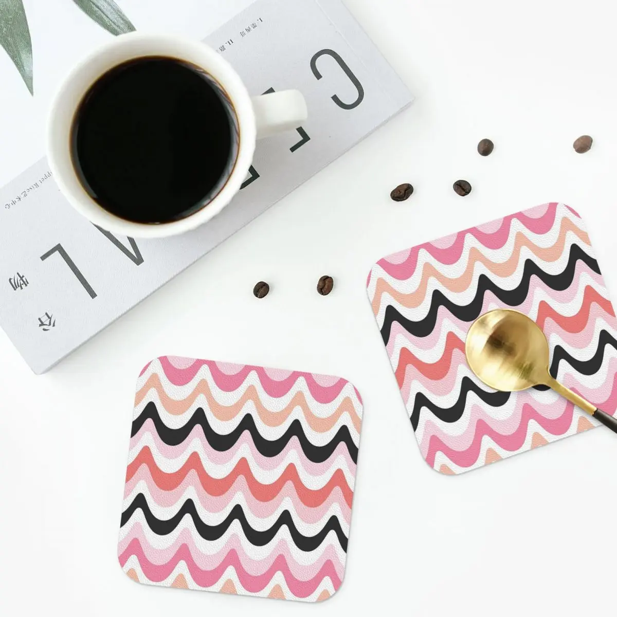 Summer Waves - Pink And Coral Coasters Kitchen Placemats Waterproof Insulation Cup Coffee Mats For Home Tableware Pads Set of 4