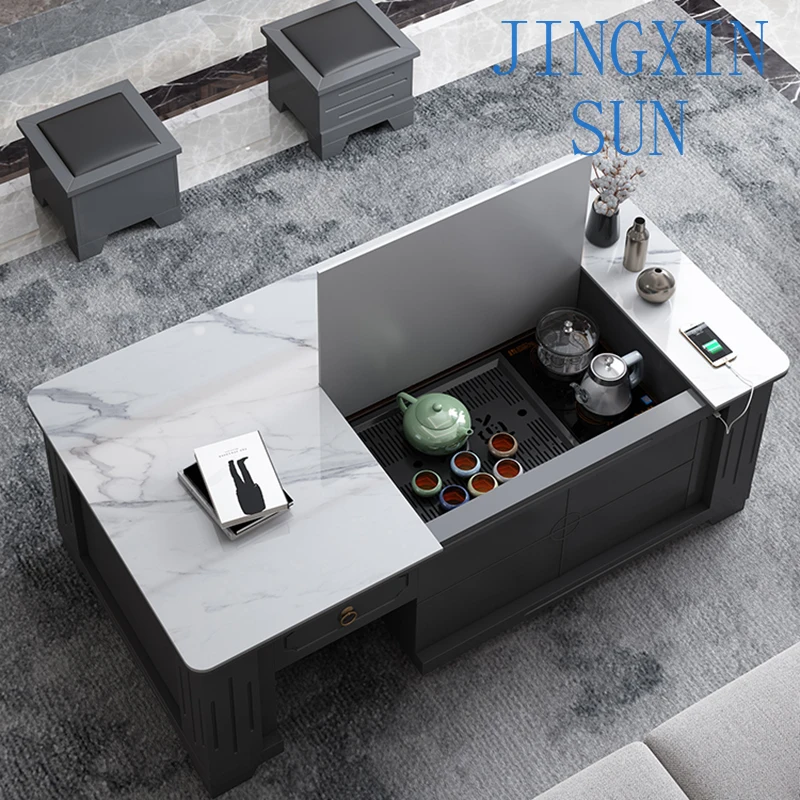 Multifunctional living room household coffee table automatic lifting slate coffee table kettle integrated
