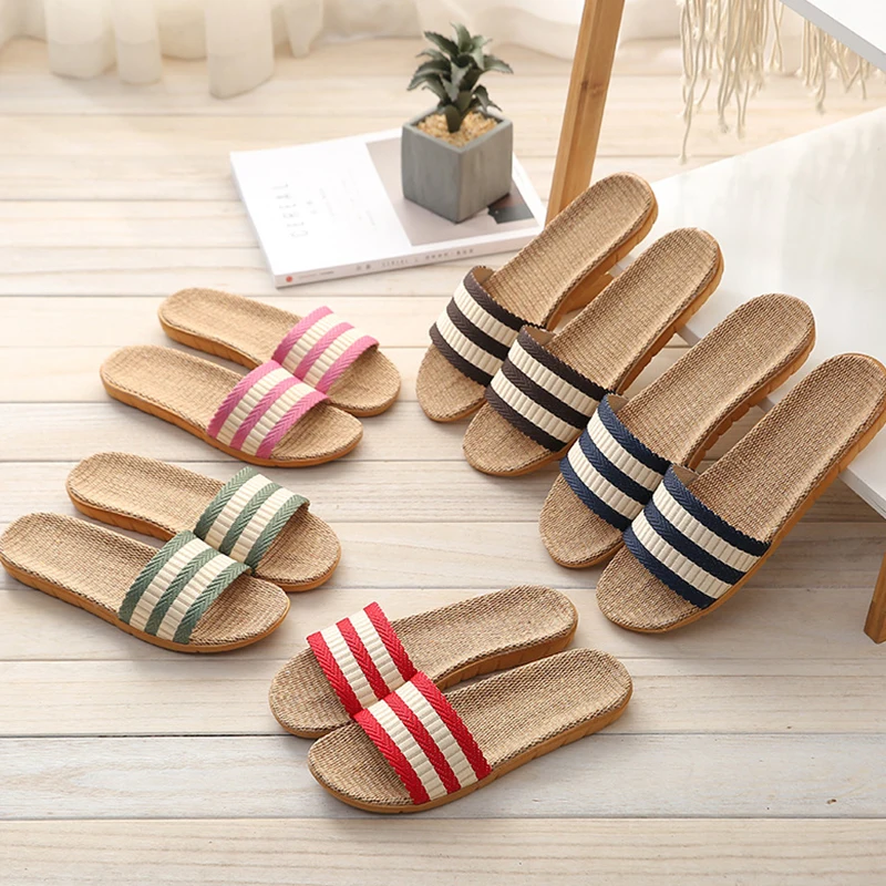 

Новинка 2023 года, летние льняные тапочки для домашней пары с полосатой модой, комфорт противоскольжения, домашние дышащие тапочки из ЭВА