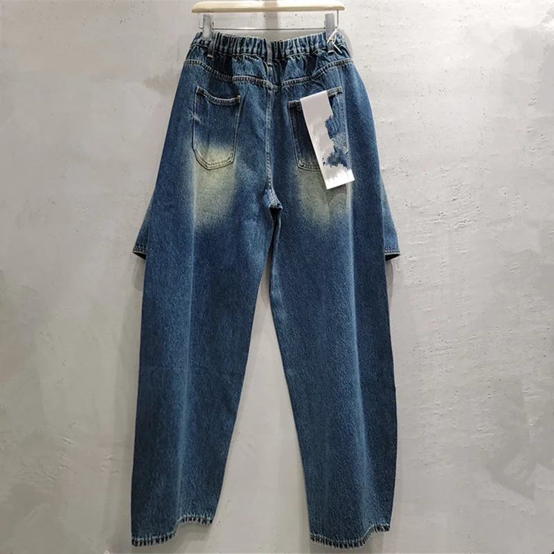 2026 New Autumn All-match High Waist Wide Leg Jeans Hot Chick Patch Embroidery Faux Two-piece Floor-length Casual Denim Pants