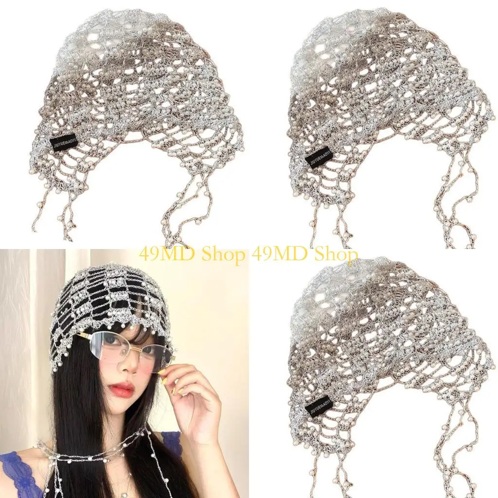 49MD Fashionable Silver Chain Hat Beaded Hollowout Slouch Cap For Women Daily Outfit