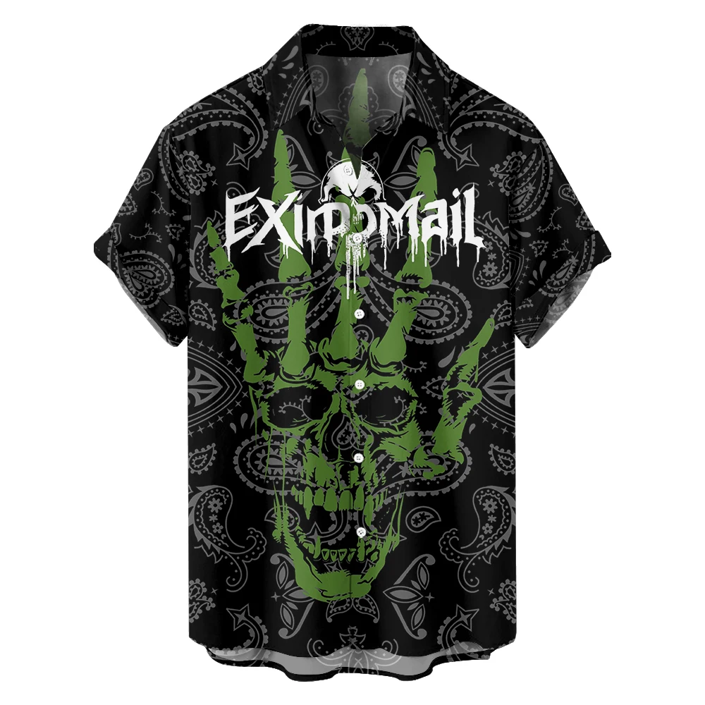 2024 new Skull Palm Flame trend Party Abstract Trend Senior Black printed graffiti travel summer loose short sleeve shirt