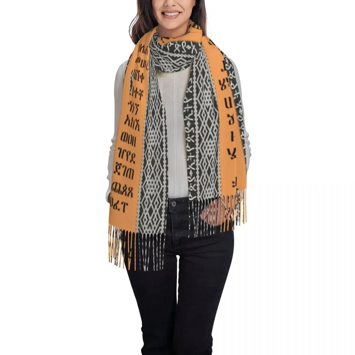 Amharic Alphabet Ethiopian Habesha Art Scarf Wrap for Women Long Winter Fall Warm Tassel Shawl Unisex Scarves