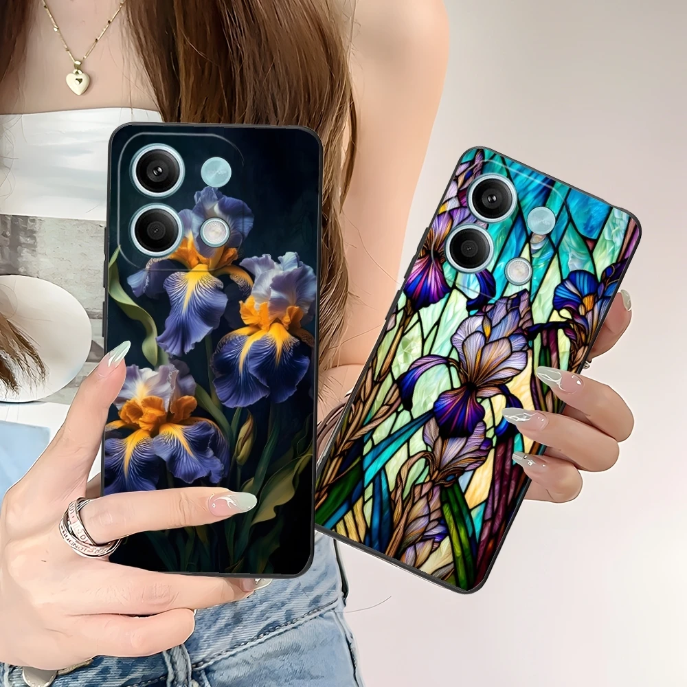 Iris Flower Pretty Mobile Cell Phone Case for Xiaomi POCO M6 M5 M4 M3 X6 X5 X4 X3 F6 F5 F4 F3 F2 C40 Pro GT 5G Black Cover Shell