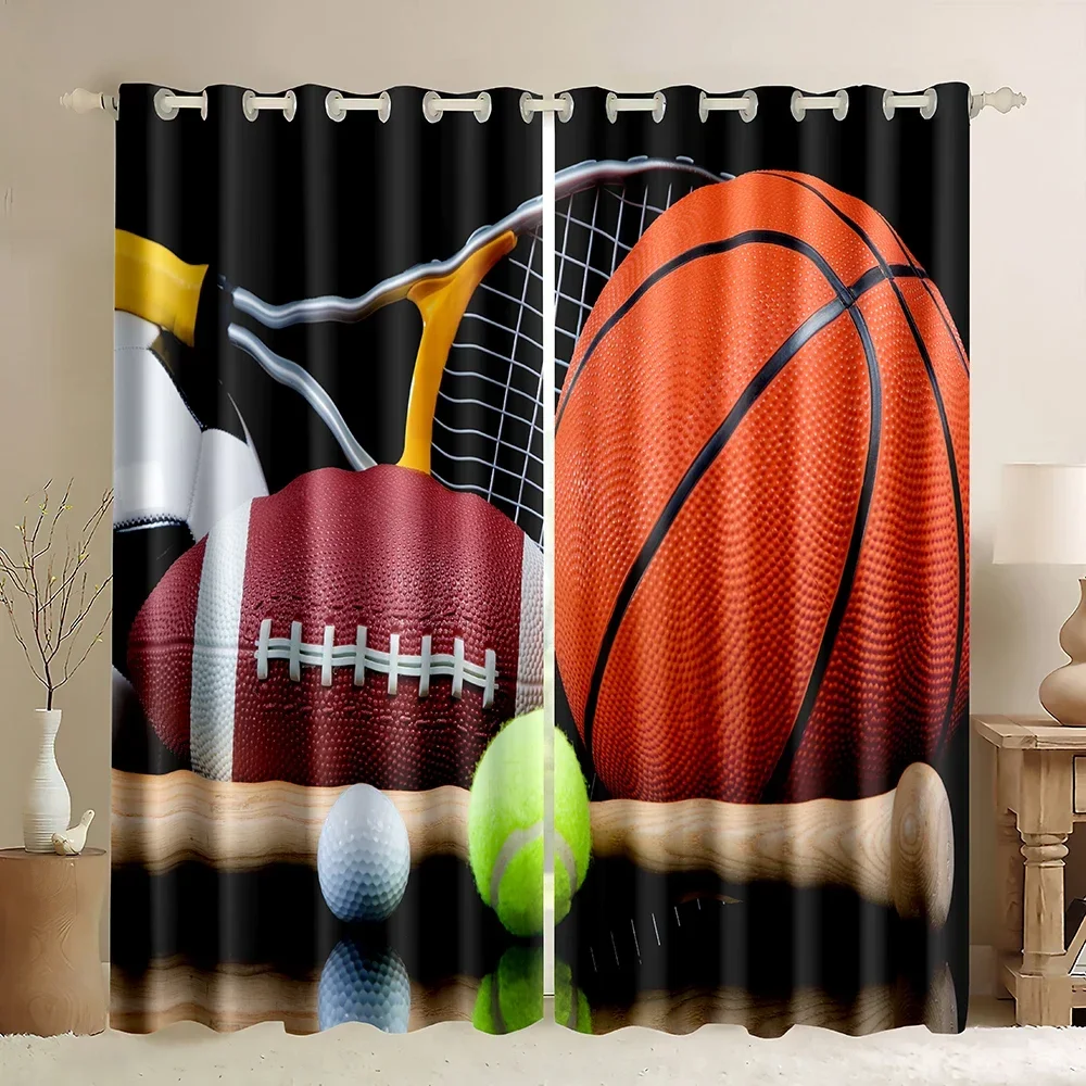 Sports Blackout Curtains,Basketball Soccer Baseball Football Rod Pocket Thermal Insulated Drapes Darkening Window Curtain