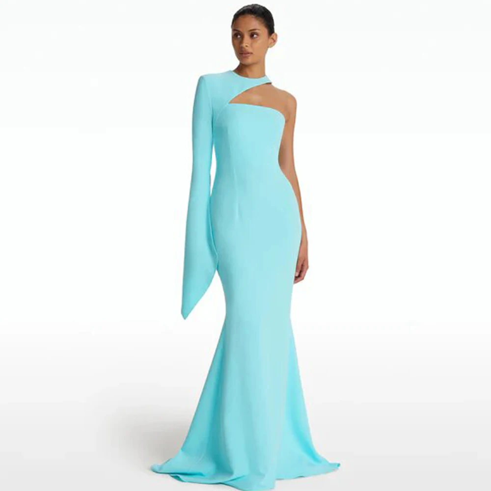 

Pale Turquoise Thanksgiving Dresses Jersey Bespoke Occasion Gown Mermaid&Trumpet One-shoulder Tea Length Dresses