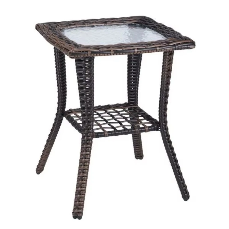 Outdoor brown wicker side table with glass top rattan coffee table courtyard indoor garden porch