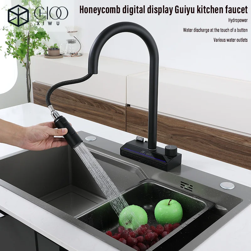 

New Flying Rain Waterfall Full Copper Kitchen Pull Faucet Piano Key Stage Single Hole Sink Hot And Cold