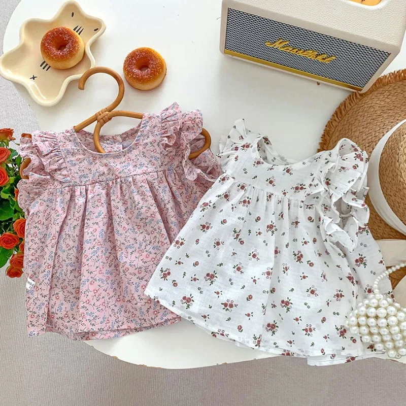 Baby Girl Blouse Summer 2024 New Children\'s Shirts Short Sleeved Tops for Kids Cute Flower Toddler Shirts Baby Outfits Clothes