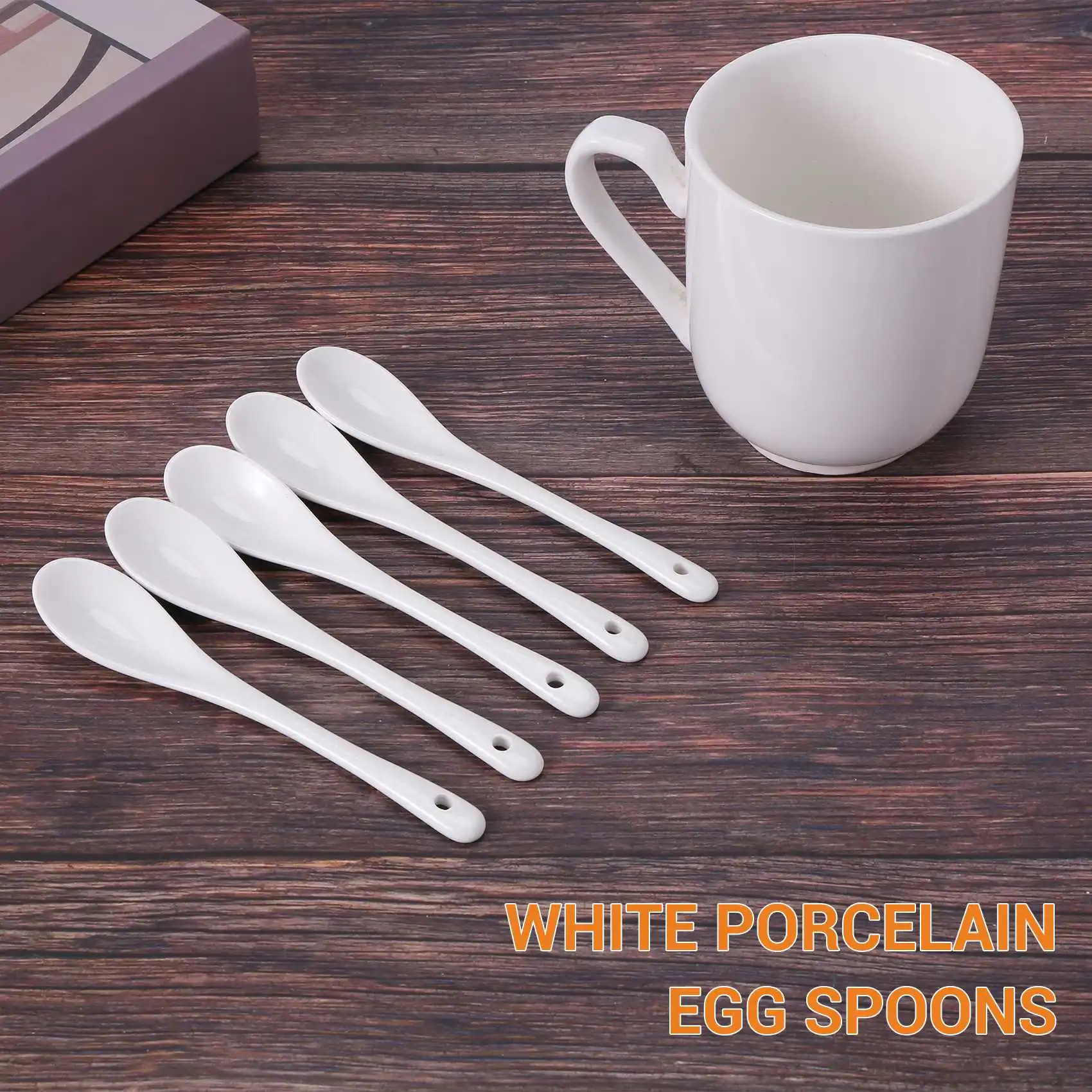 5PCS White Porcelain Egg Spoons Ceramic Spoons Coffee Spoon Dessert Spoon Mocha Dip Serving Spoon