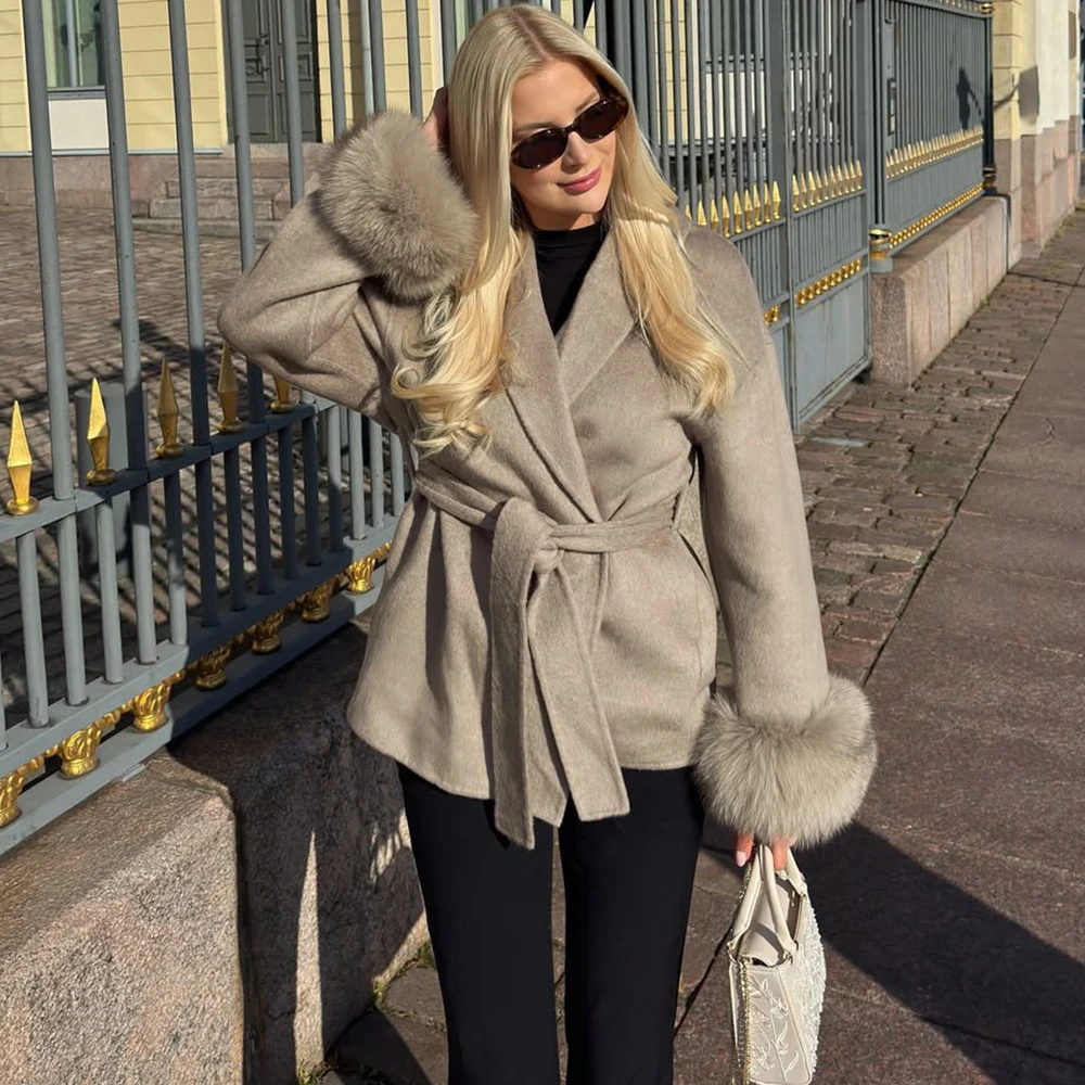 Talenza Fox Fur Wool Overcoat Women's Short Coat Office Lady Elegant Double-sided Woolen Coat 2025 Cardigan Jackets Loose Blends