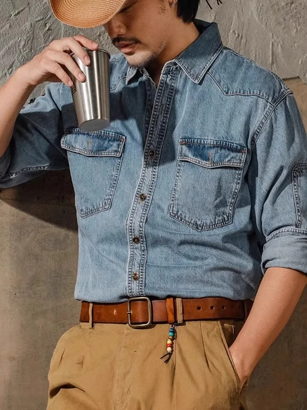 

Large Size American Retro Western Denim irt Men's Autumn Workwear Long Sve Waed Jaet Loose Fit Youth Faion