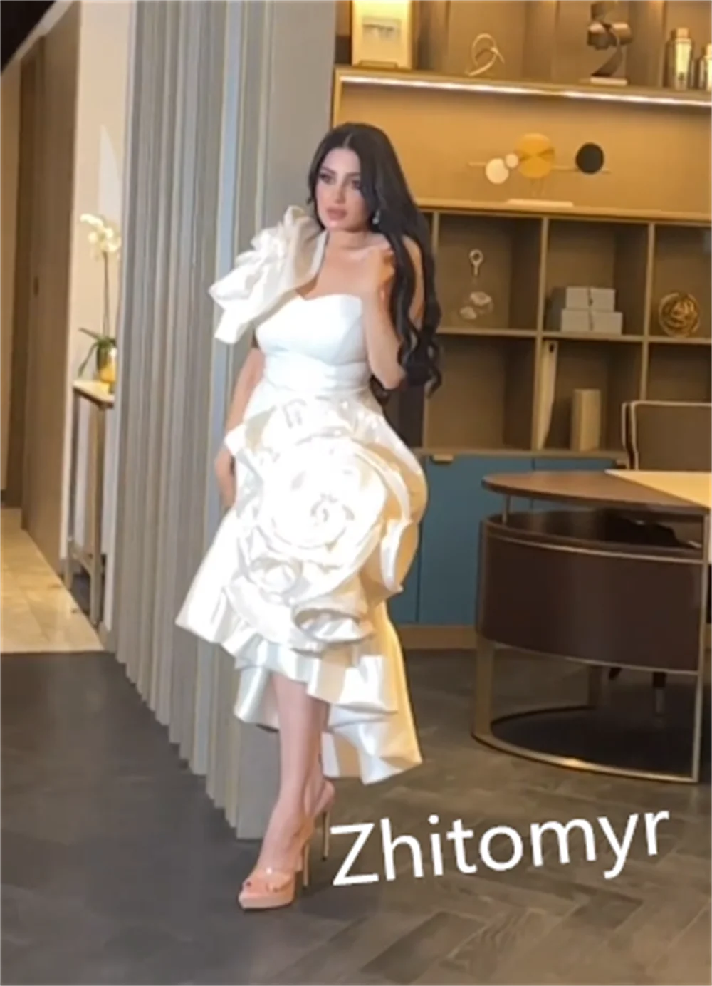 Vestido de baile com flor drapeada para casamento, Vestido de noite, Sereia, Vestidos de baile de um ombro, Vestido Arábia Saudita, Ocasião sob medida