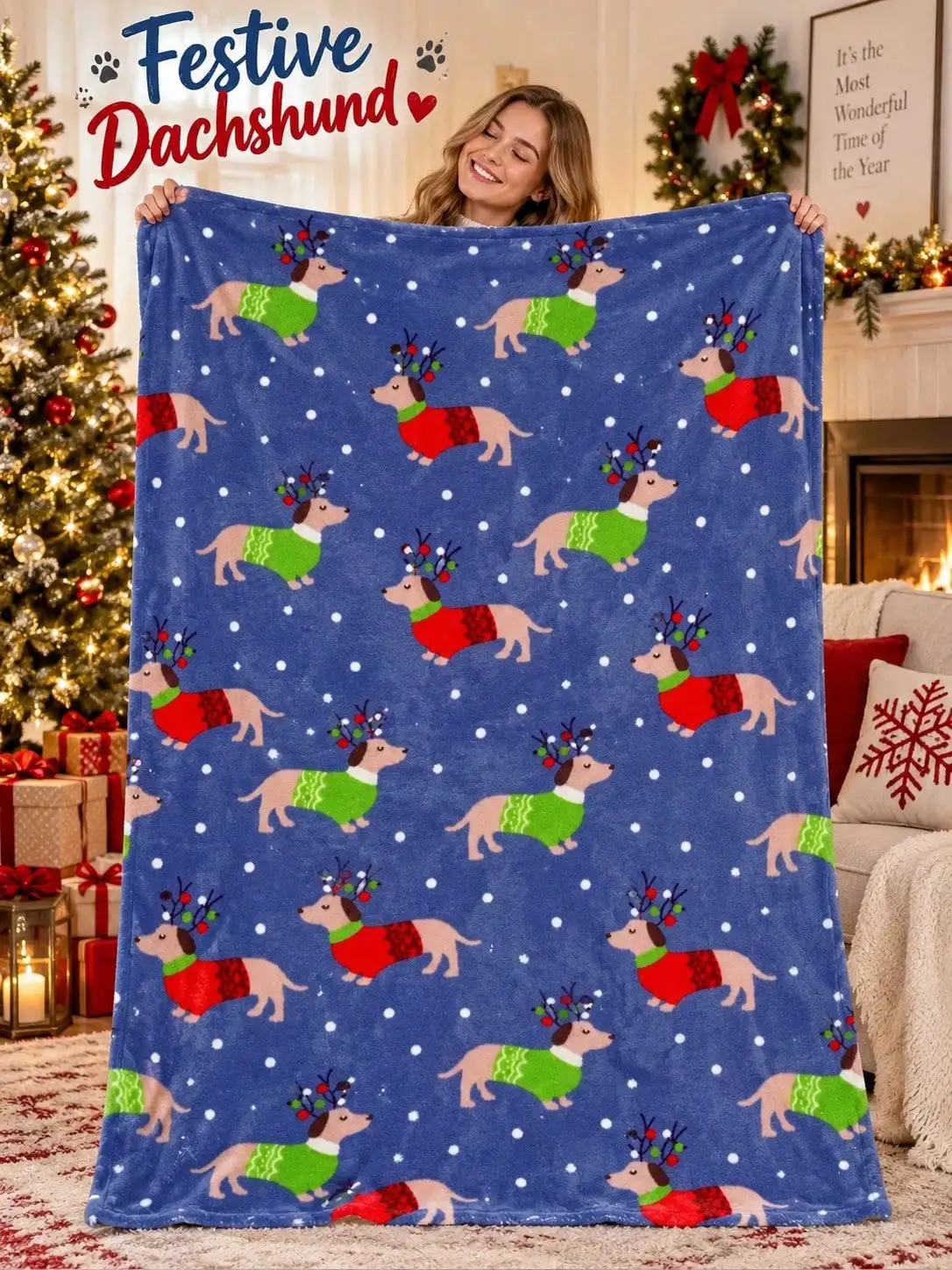 Christmas Flannel Blankets & Throws Dachshund Lights Snowflakes Home Decor Sofa Couch Bed Bedroom Living Room Office Travel Reading Gift for Family Friends Pet Owners Housewarming Birthday Anniversary Holiday Bedding Fireplace Entryway Celebration