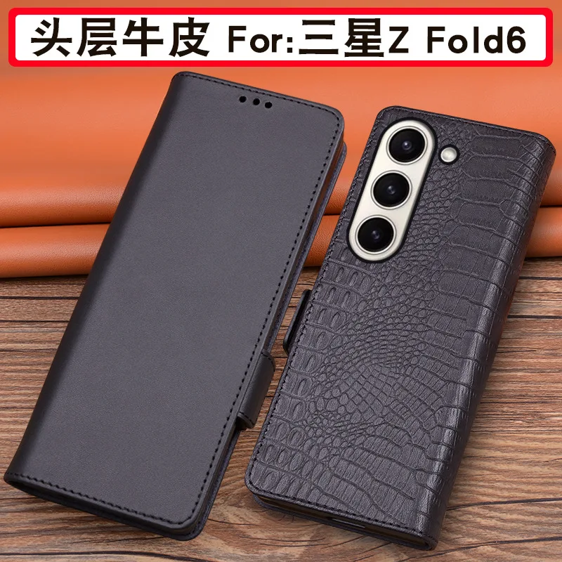 Wobiloo Luxury Real Cowhide Genuine Leather Flip Phone Cases For Samsung Galaxy Z Fold 6 Fold6 Hell Full Cover Pocket Bag Case