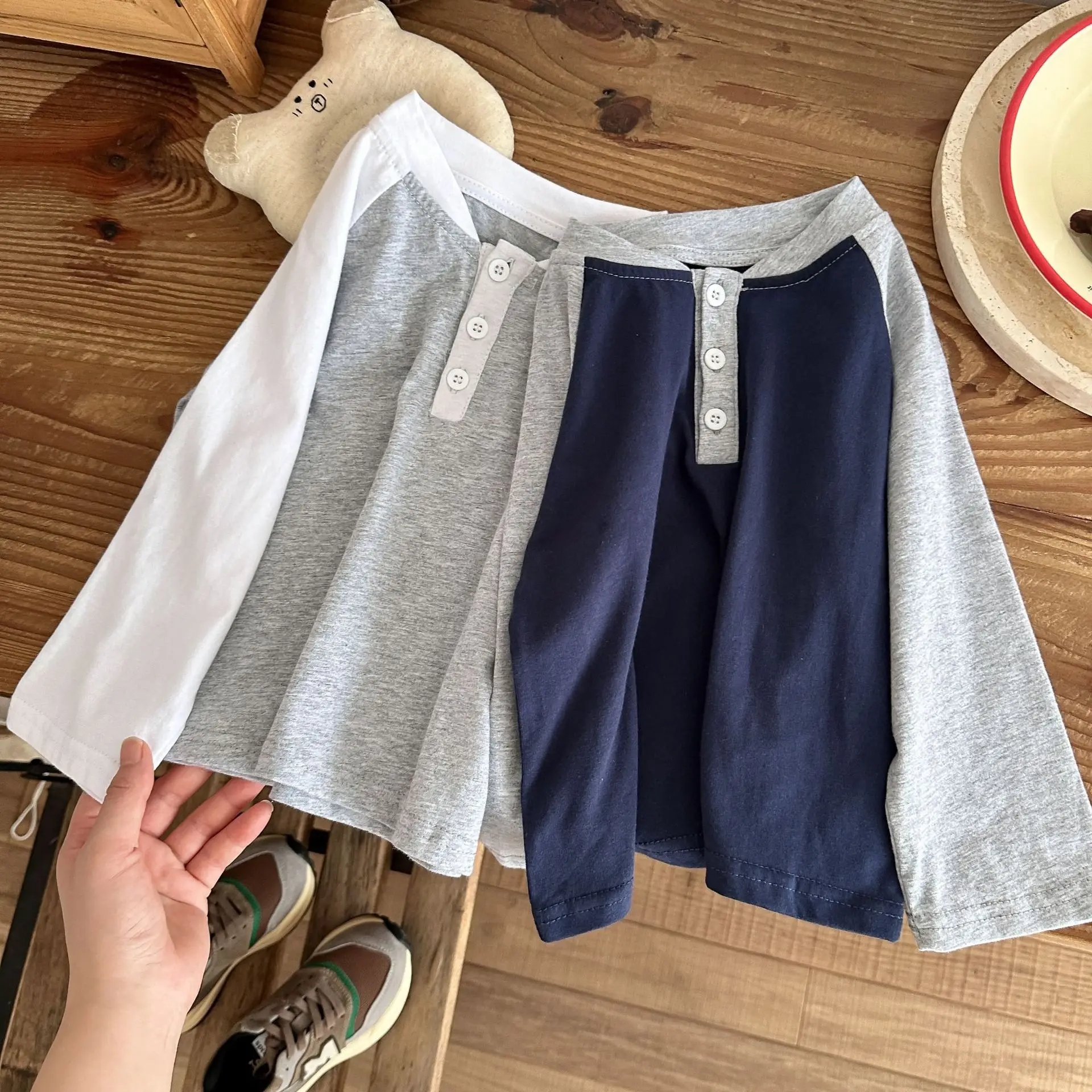 2-7Y Kids Cotton Color Block Long Sleeve T-Shirt Korean Boys Girls Henley Neck Button Casual Basic Tee Children's Undershirt Top