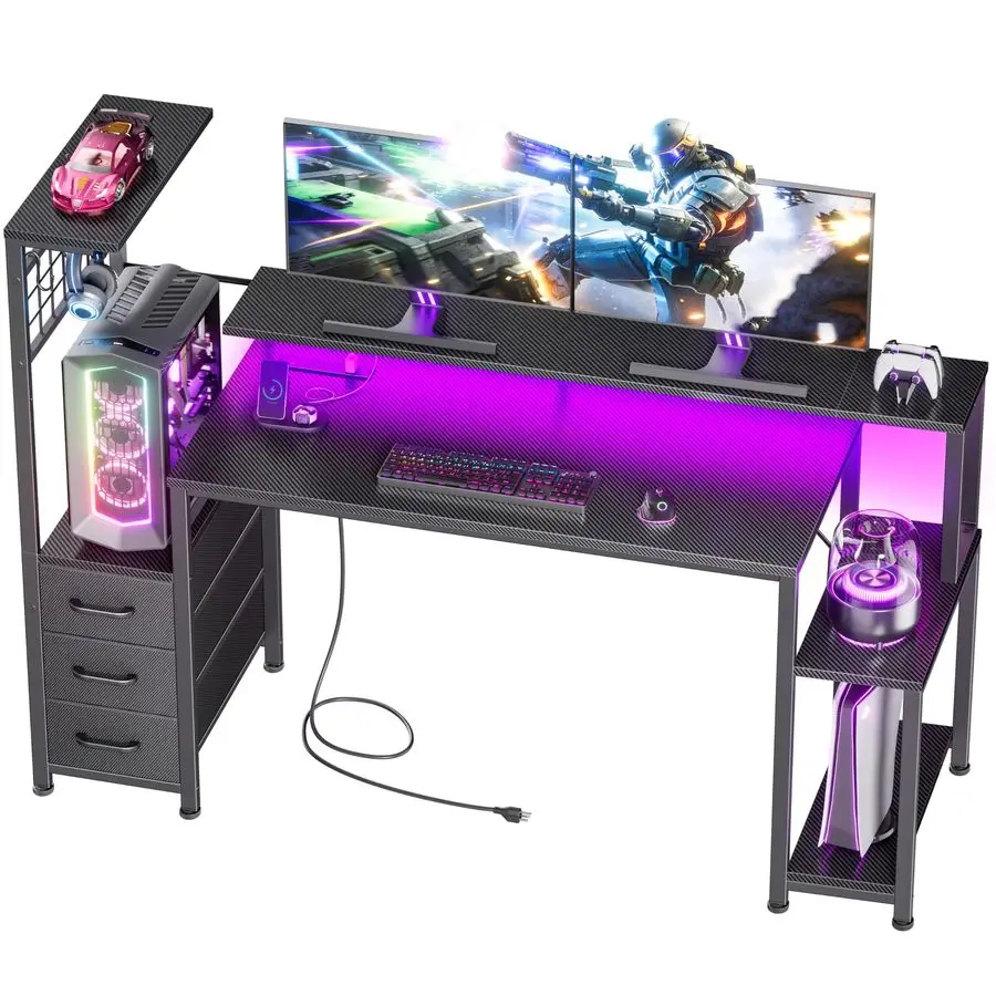 

55 Inch Gaming Desk with Bluetooth LED Lights Power Outlets,Computer Desk with Fabric Drawers Hooks,Reversible Gamer Table