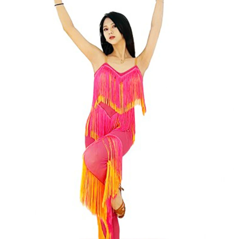 Pink Tassel Latin Dance Jumpsuit Women Cha Cha Rumba Performance Clothing Fringe Pants Latin Competition Clothes Adult DNV18019