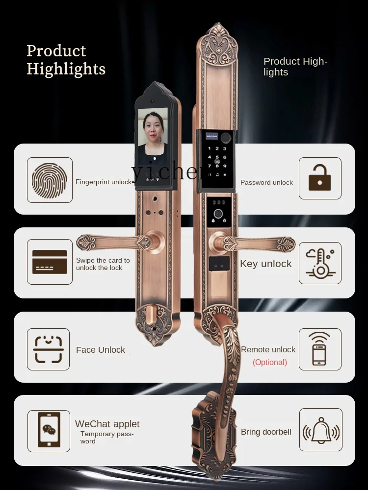 cc29 3D Face Recognition Smart Lock Gate Copper Door Fingerprint Lock Peephole Viewer Electronic Lock