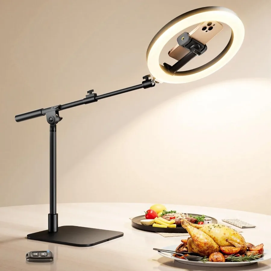 

Adjustable Overhead Phone Mount with 10 Ring Light Tripod for Desk Use: Portable Ring Light Stand with Remote Control and Phone