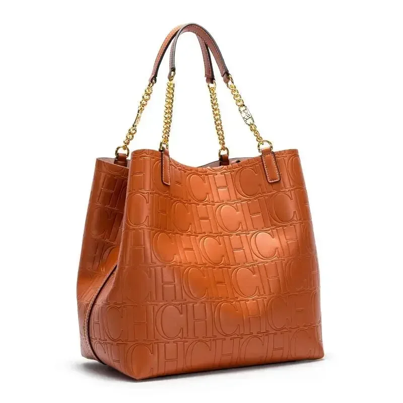 CH Embossed Leather Tote Bag Chain Handle Design Spacious Interior Structure Ideal Office Essential Practical Daily Commute