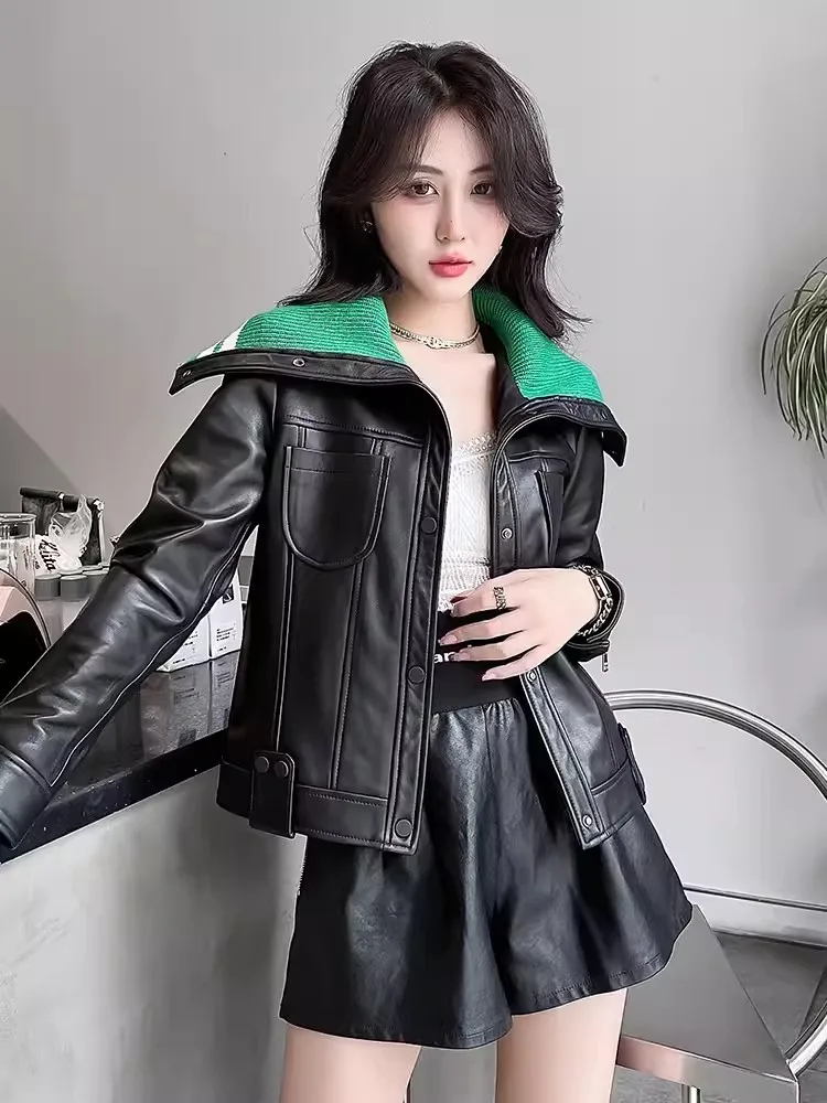 Women Sheepskin Genuine Leather Jacket Slim Fit Patchwork Knitted Lapel Single Breasted Black Punk Motorcycle Short Coat Female