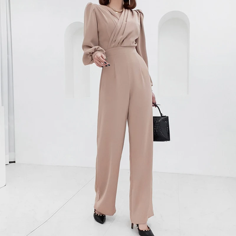 Jumpsuit ramping berlipat cantik kerah V baru musim gugur 2024 Fashion wanita kantor berpergian Jumpsuit warna Solid serbaguna