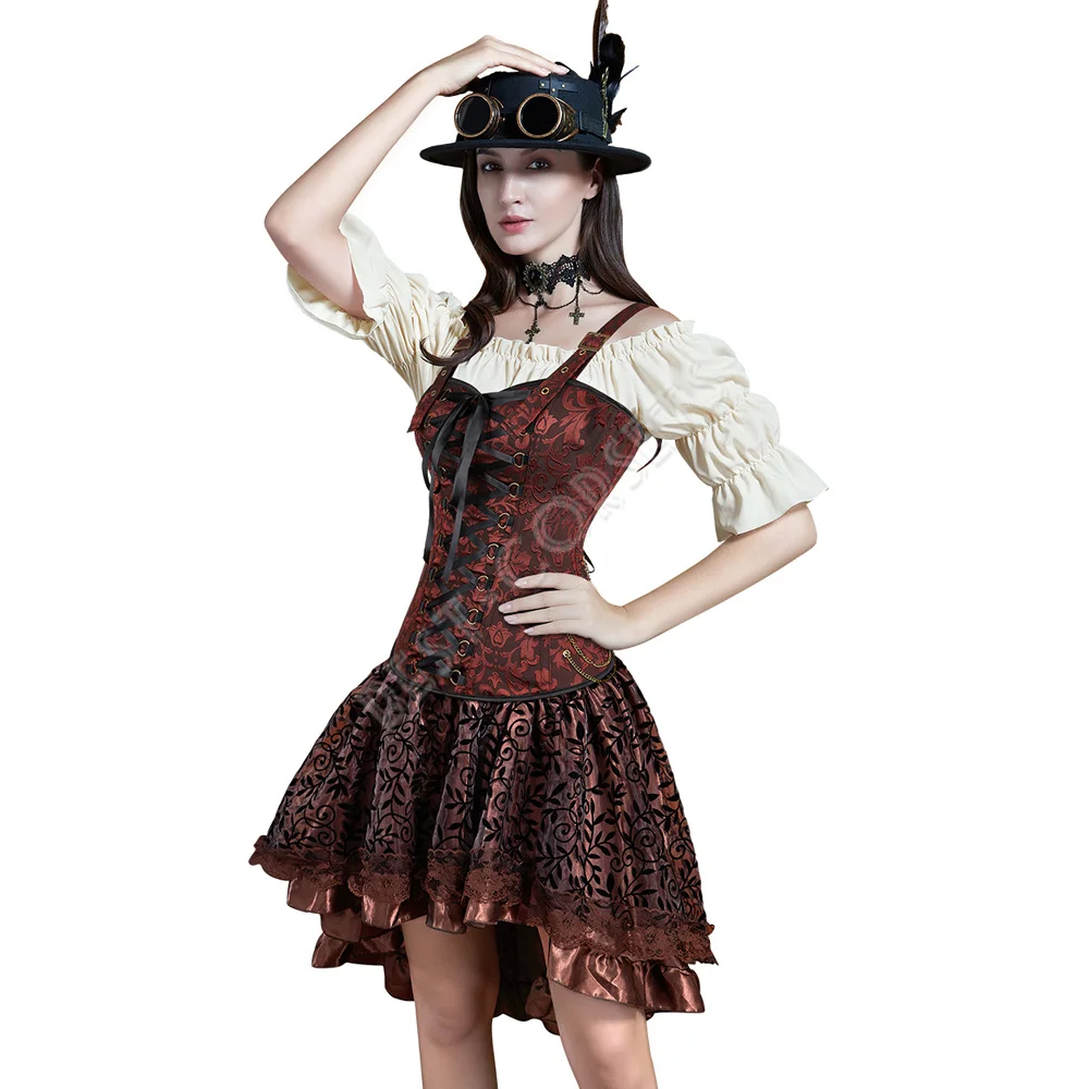 Steampunk Corset Dress Pirate Costume  for Women Halloween Medieval Blouse Gothic Faux Leather Corset Dress With Straps Brown