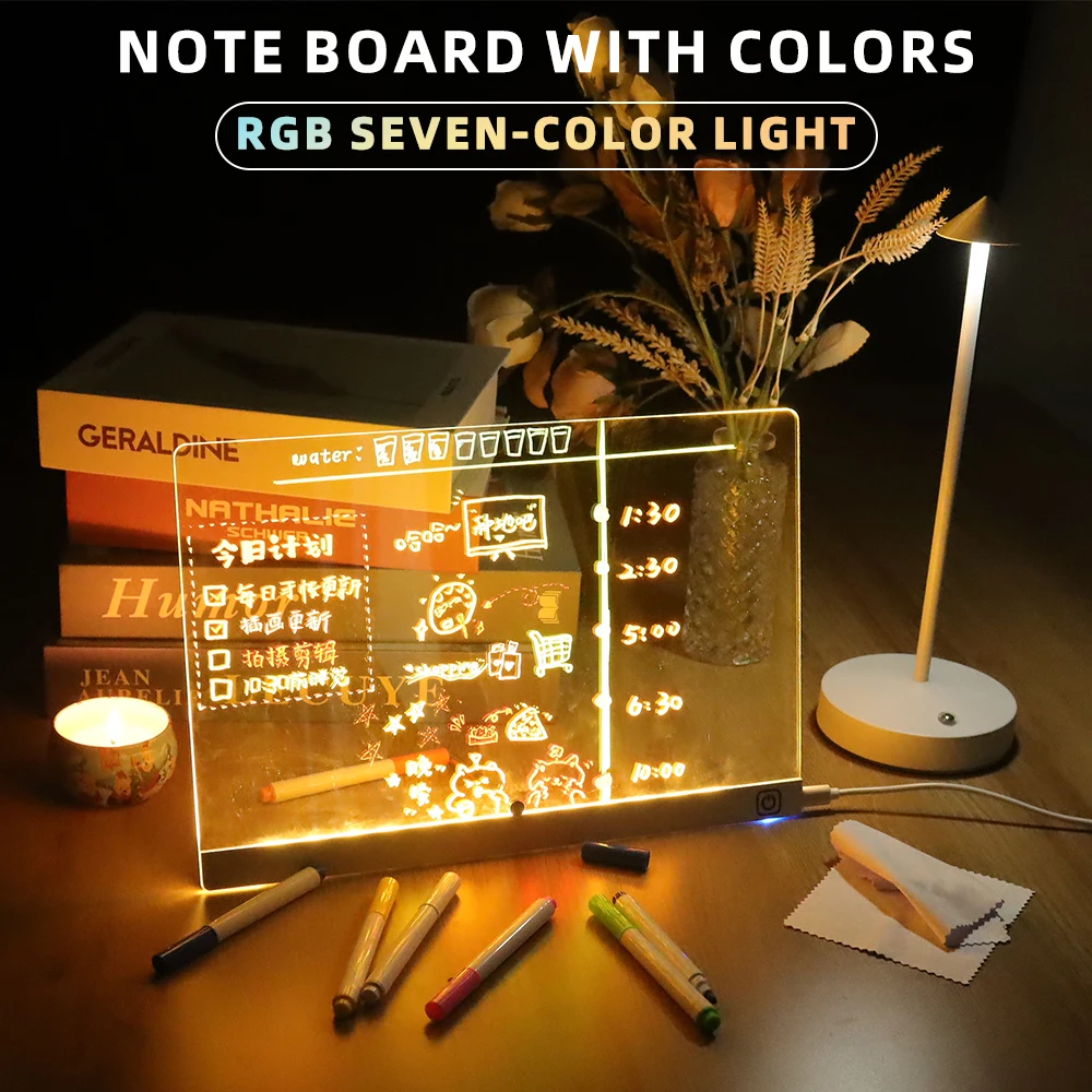 

RGB Note Board With Colors, Light Up Acrylic Message Dry Erase Board Erasable Reusable, With 7 Colorful Pens For Office Home