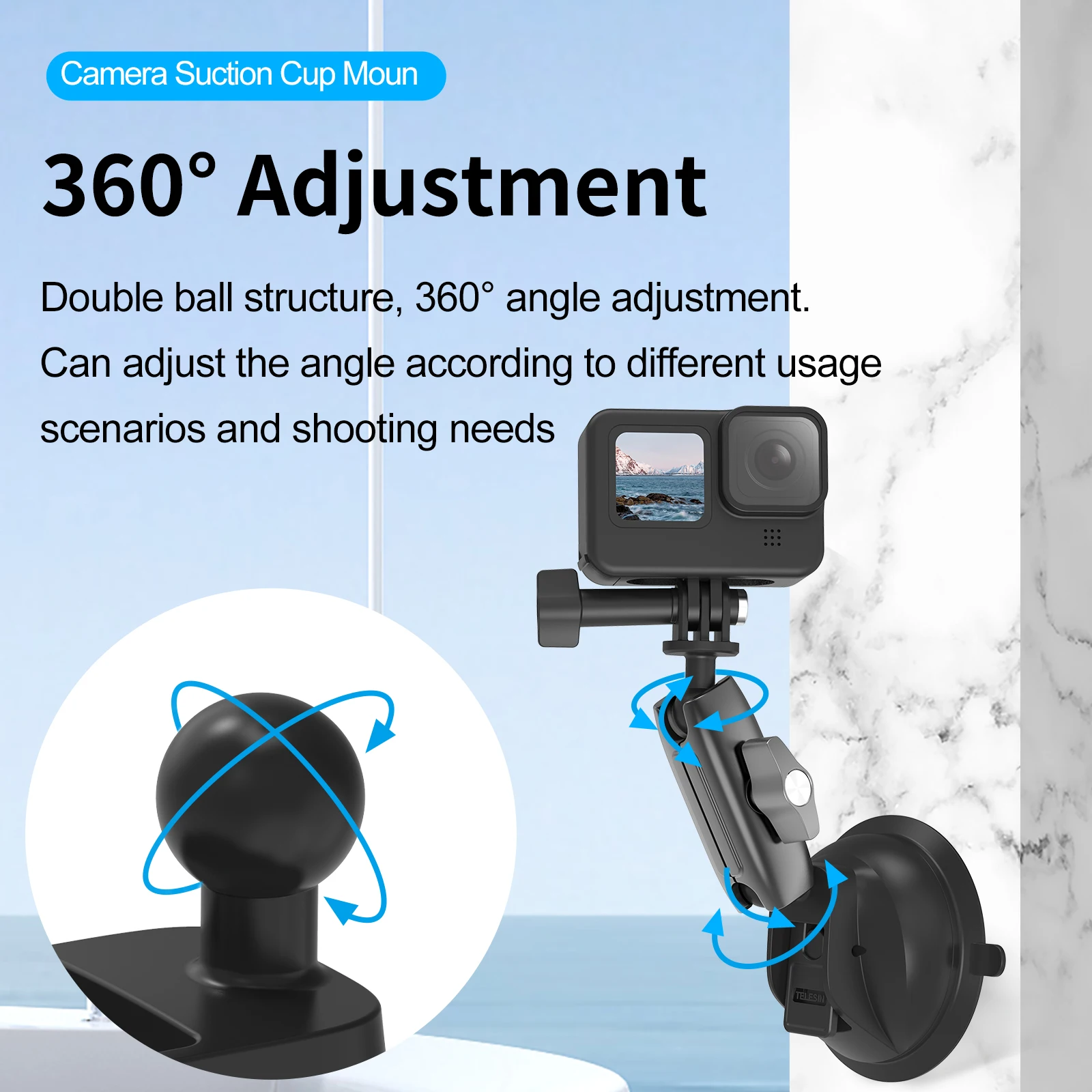 TELESIN Portable Suction Cup Car Mount for Gopro 13 12 11 10 9 DJI Action 4 3 Camera Card SLR Camera Phone Stable Camera Holder