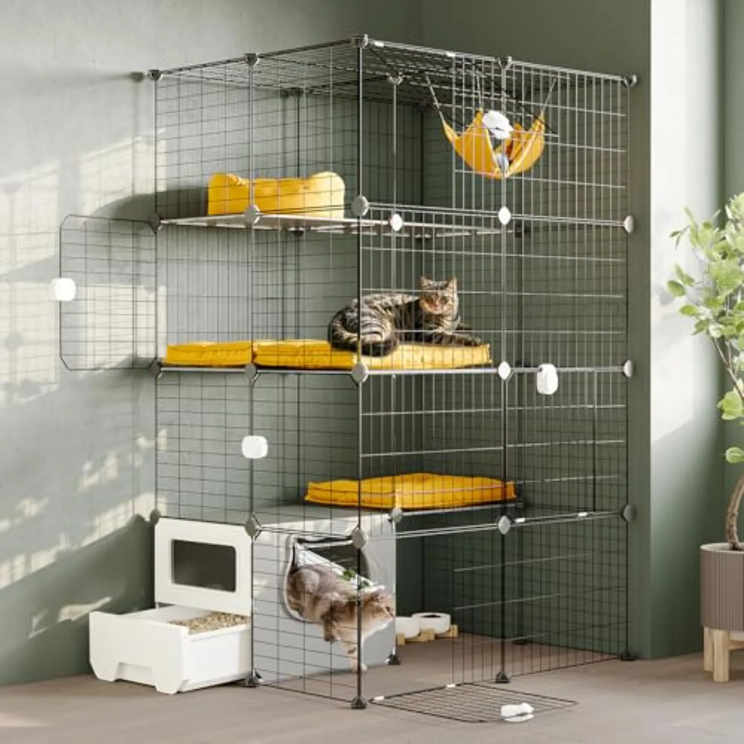 Cat Cage with Litter Box, 4-Tier DIY Enclosures Detachable Metal Wire Kennel Catio Indoor Crate Large Exercise Place