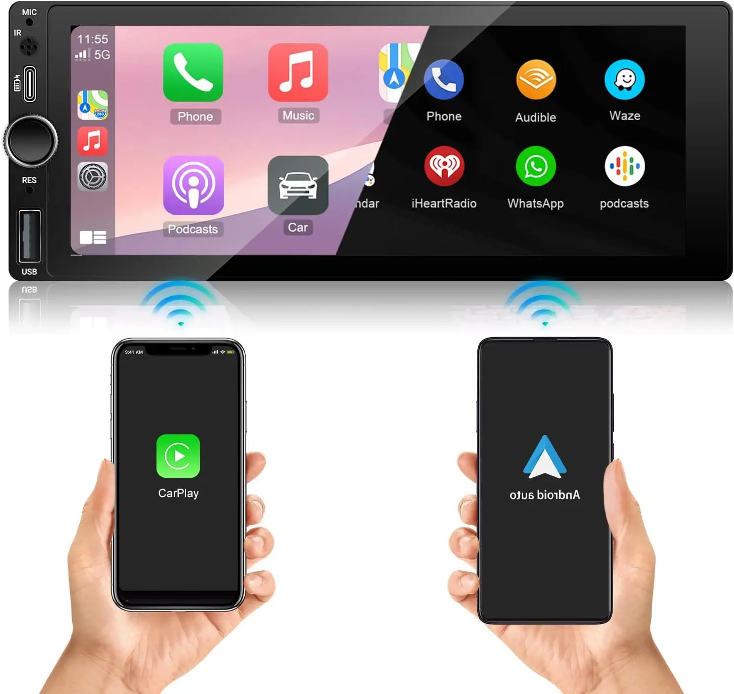 6.86' Car Radio with Wireless CarPlay & Android Auto, Type-C USB, Bluetooth, Backup Camera, Single-Din