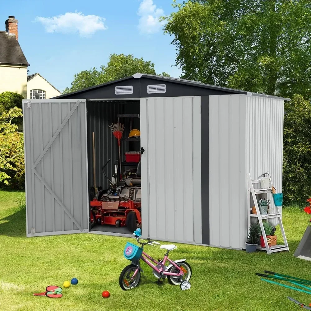 Galvanized Steel Metal Garden Shed 8x6 FT Outdoor Storage Shed Double Door W/Lock Caseta Outdoor Storage Tool House for Backyard