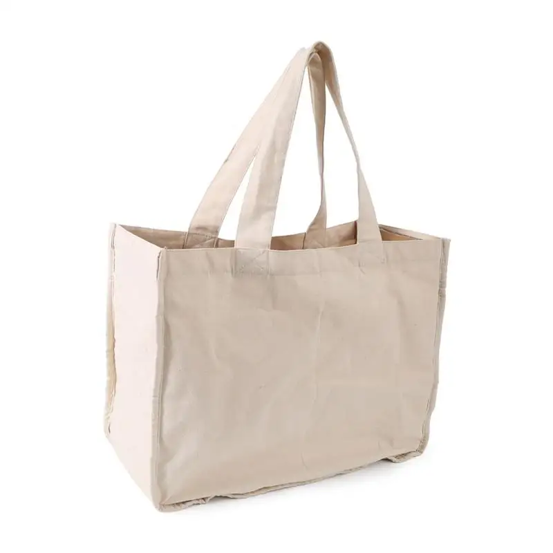 1Pc Durable Cotton Canvas Tote Bag Grocery Shopping Bag With Handles And Bottle Sleeve Compartment Pouch Reusable Grocery Bag