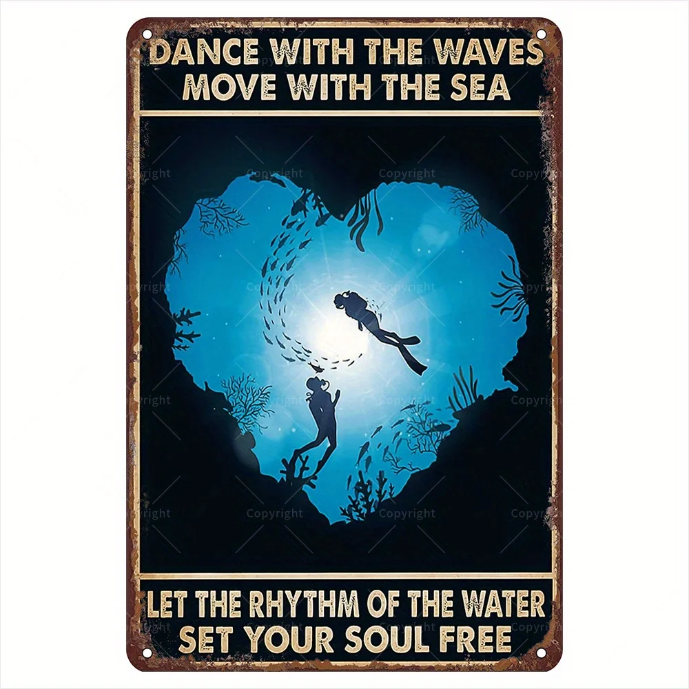 Diving Couple Metal  Sign - Dancing in the Waves - Ocean Theme Frameless Mural, Suitable for Home, Bar, Cafe, Gym Decoration