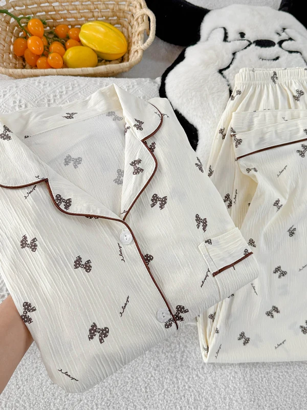 

Spring Autumn Knot Print Long Sleeve Long Pants Pleated Fabric Home Clothes Set Women's Fashion High-End Sleepwear