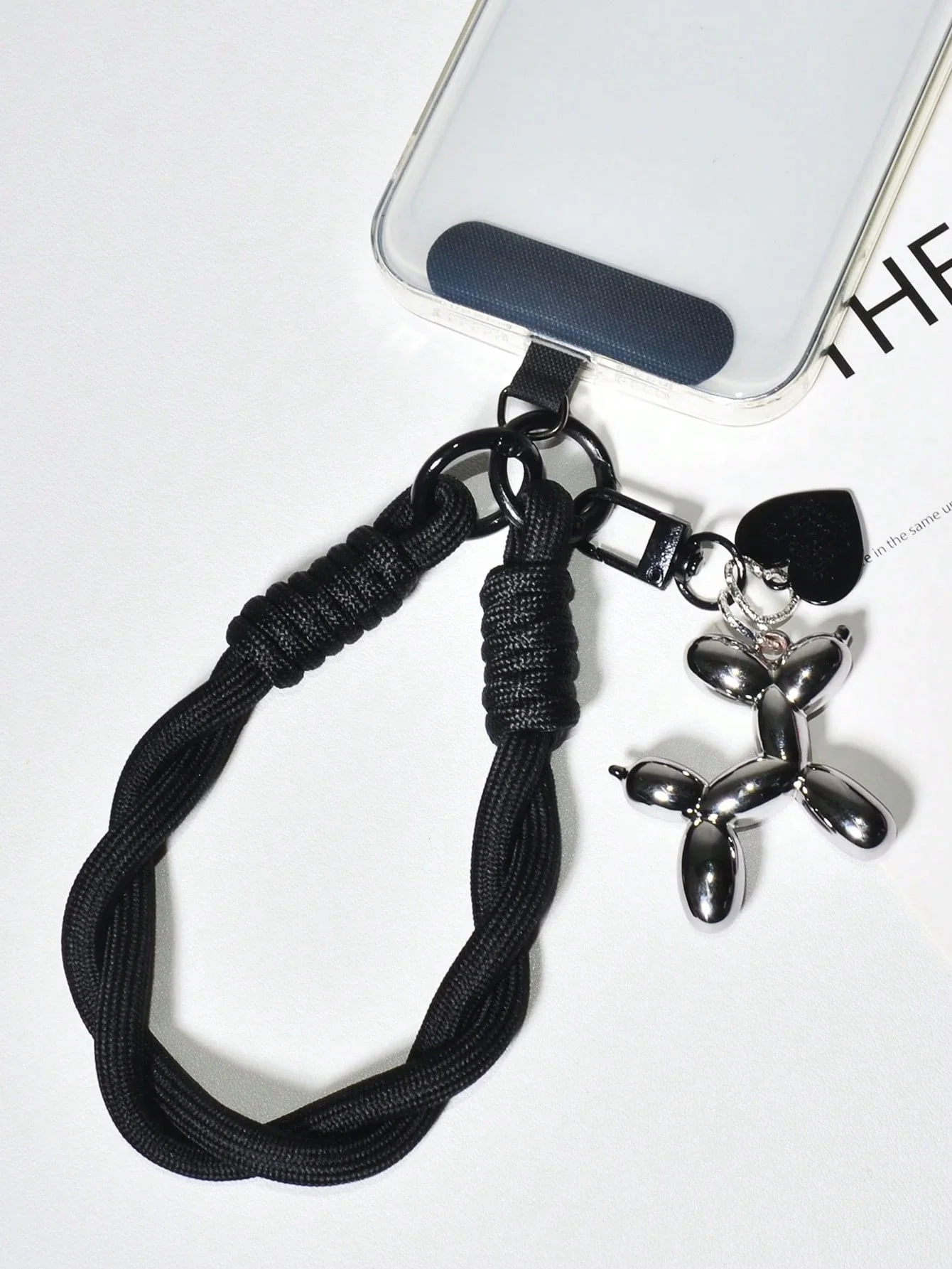 Black Nylon Braided Phone Strap With Balloon Dog Pendant Keychain For Bags Smartphones