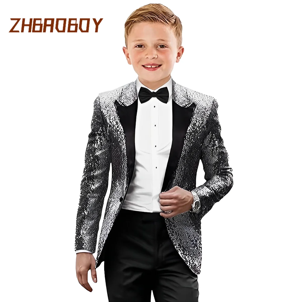 Kids Smoking Pakken voor Jongens Sequin Slim Fit Jurk Kleding Formele 2-delige Prom Party Glanzende Tuxedo Blazer Broek Bowtie