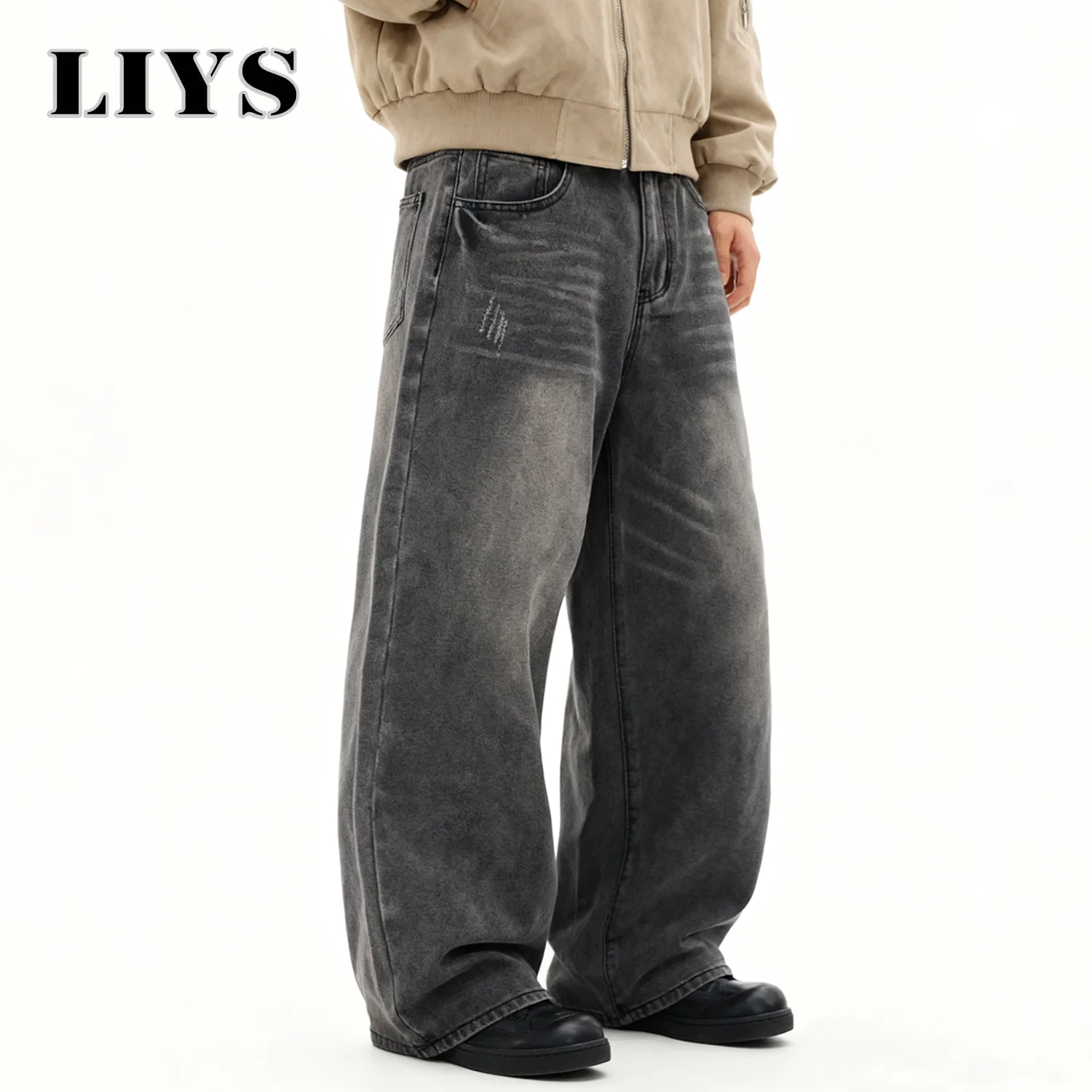 الرجال الأمريكية الرجعية رمادي فضفاض واسعة الساق الجينز الأعمال اليومية عادية فضفاض مستقيم الساق الدنيم السراويل الخريف الشتاء الرجال الملابس