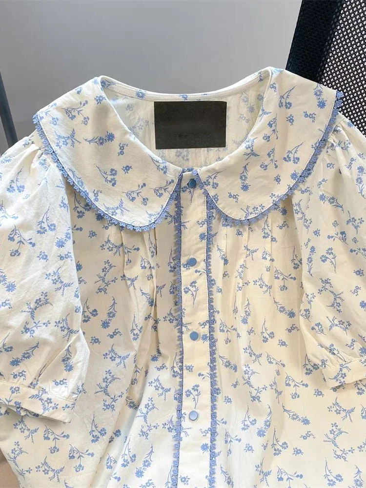 Bloemen Vintage Vrouwen Shirt Casual Losse Korte Mouw Elegante Franse Blouse Zoete Retro Leuke Peter Pan Kraag Tops Zomer