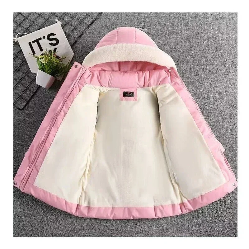 Manteau à capuche avec col en fourrure pour enfants, veste d'hiver chaude pour filles, chapeau parfait, doublure en peluche, gants pour enfants, 2-8 ans