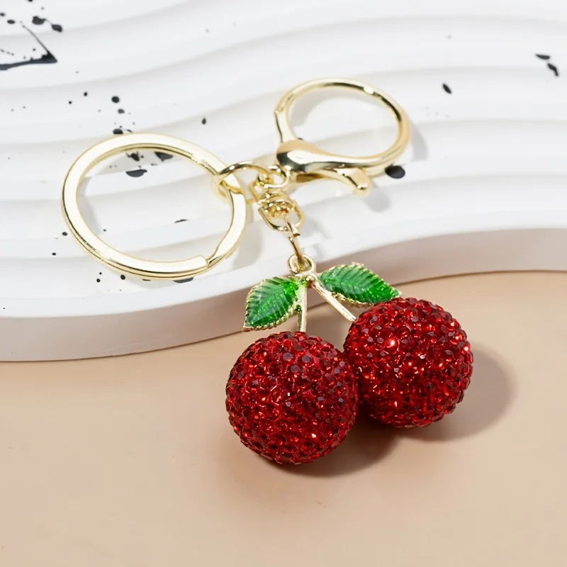 Kreativer, süßer Frucht-Diamant-Kirsch-Damen-Taschen-Schlüsselanhänger aus Metall, exquisiter Auto-Schlüsselanhänger-Anhänger – Detail 3