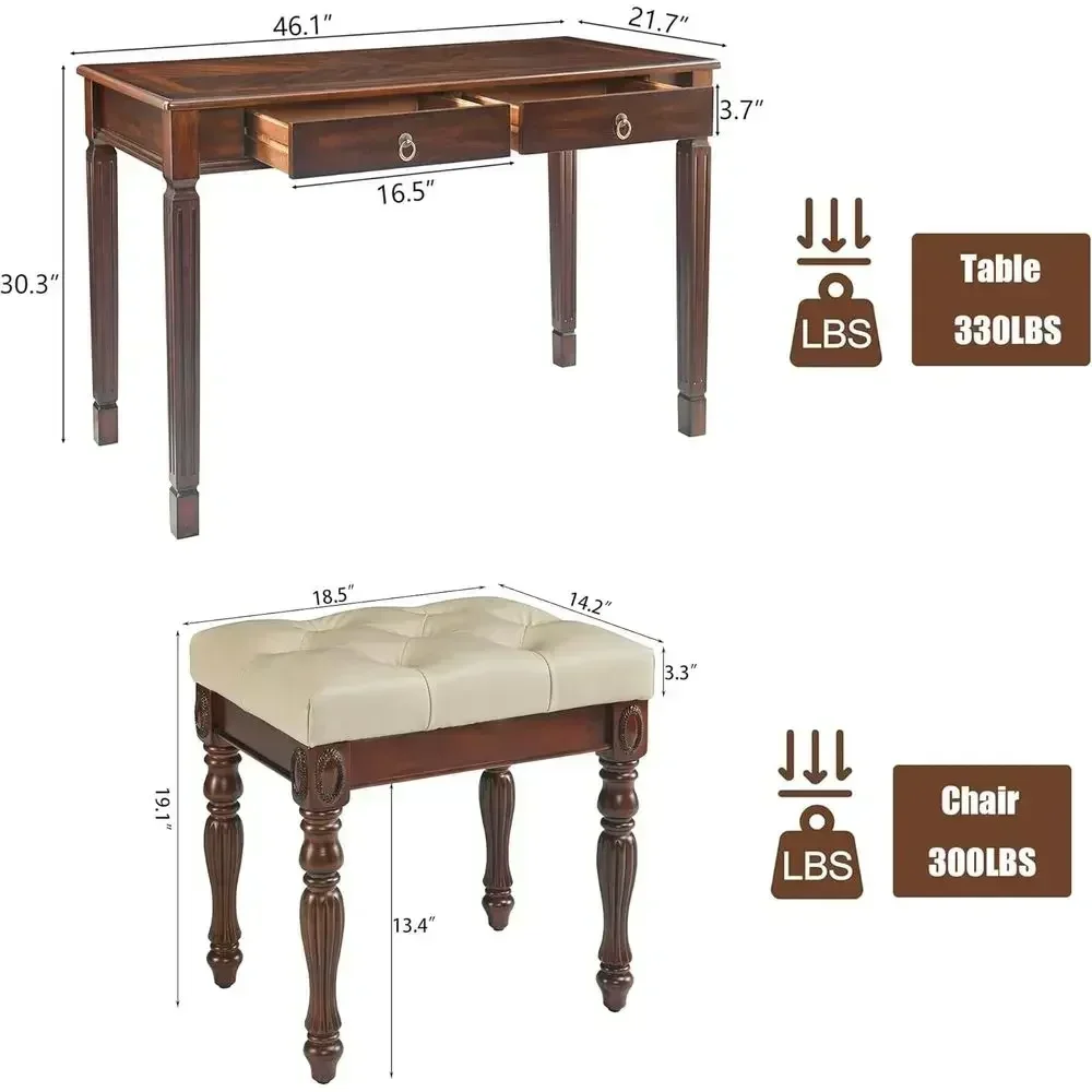 Cherry & Beige 46.1 Large Dressing Vanity Table Set with 2 Drawers and Cushioned Stool