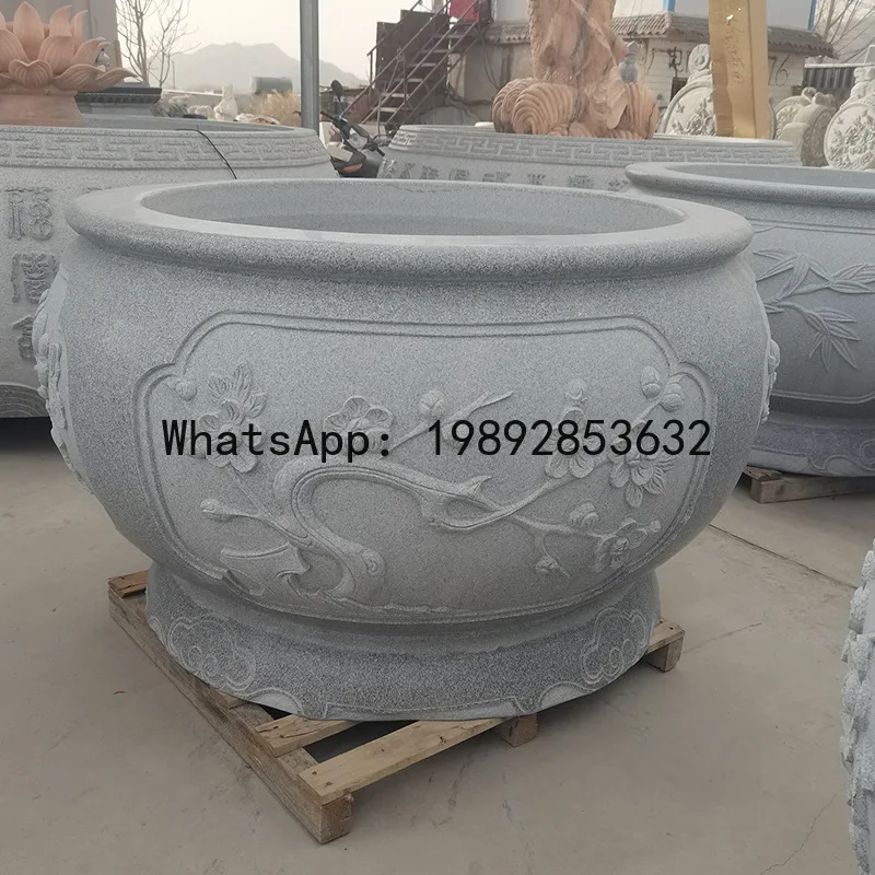 CZ Stone Carving Fish Tank Courtyard Balcony Granite Round Flower Pot Villa Outdoor Bluestone Antique Decoration