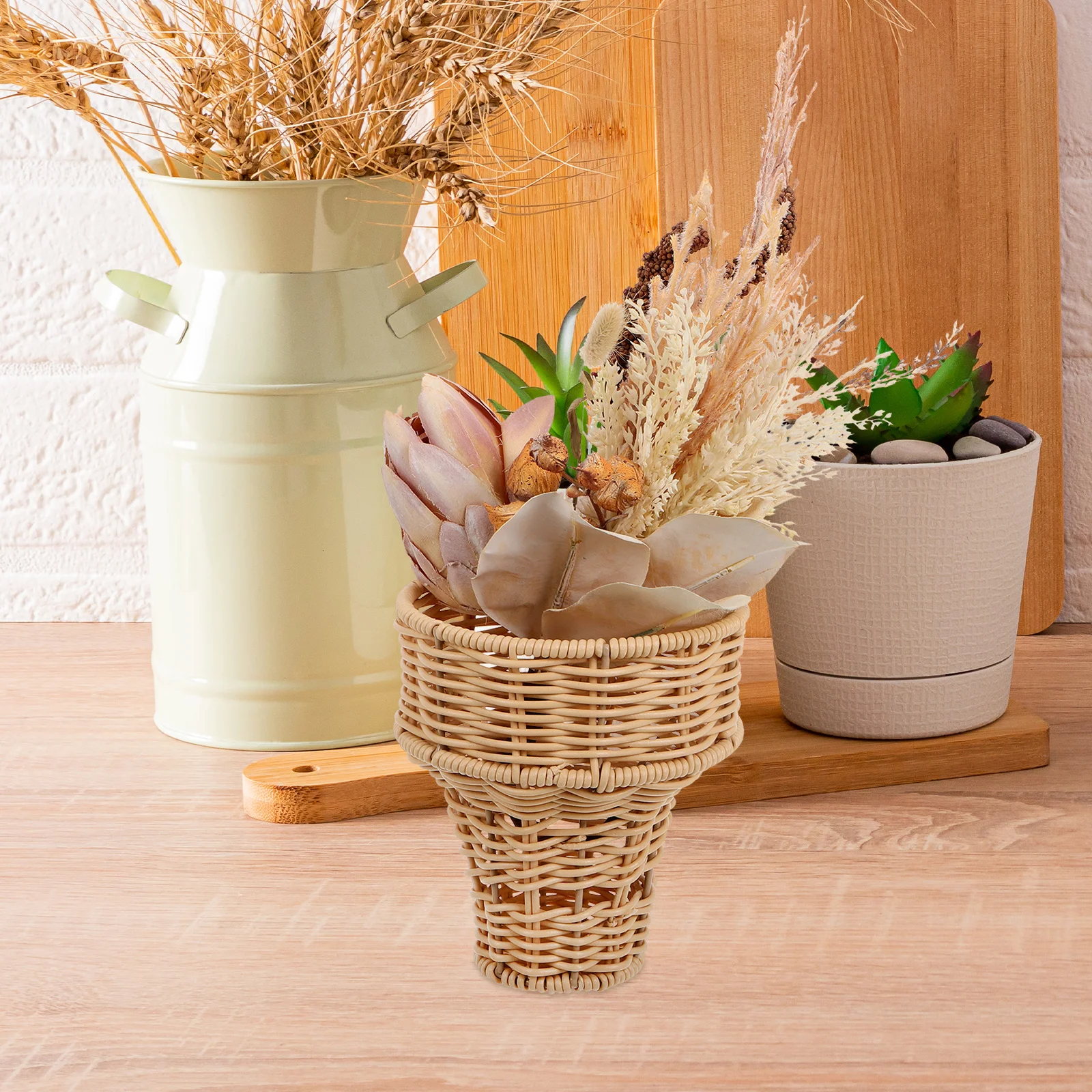 

1pcs Small Bouquet Basket Faux Rattan Woven Floral Holder For Valentine Wedding Birthday Anniversary Decor Flower