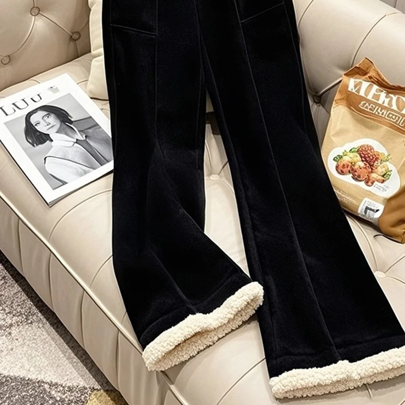 Black Velvet Warm Casual Pants for Women Autumn Winter European New Style Wide Leg Pants Loose Lazy Style High End Pants