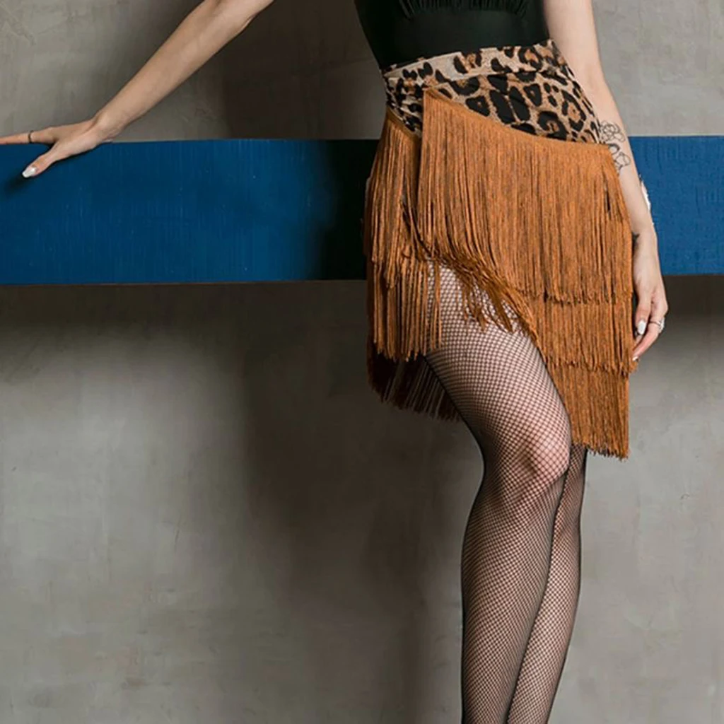 Faldas de baile estándar de Flamengo de retales de leopardo para mujer, traje latino, ropa de cintura alta, bufanda de cadera con borlas para competición de baile